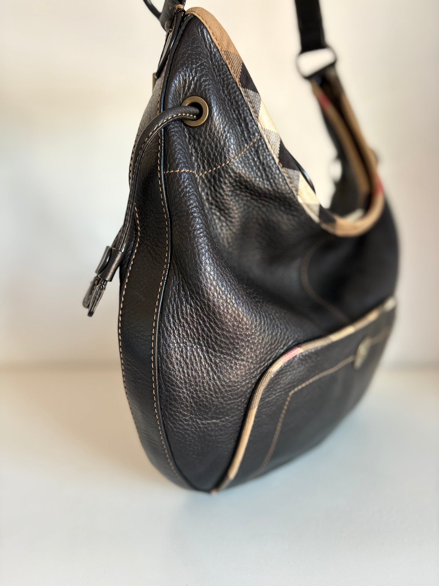 Burberry Black Leather & Check Shoulder Bag