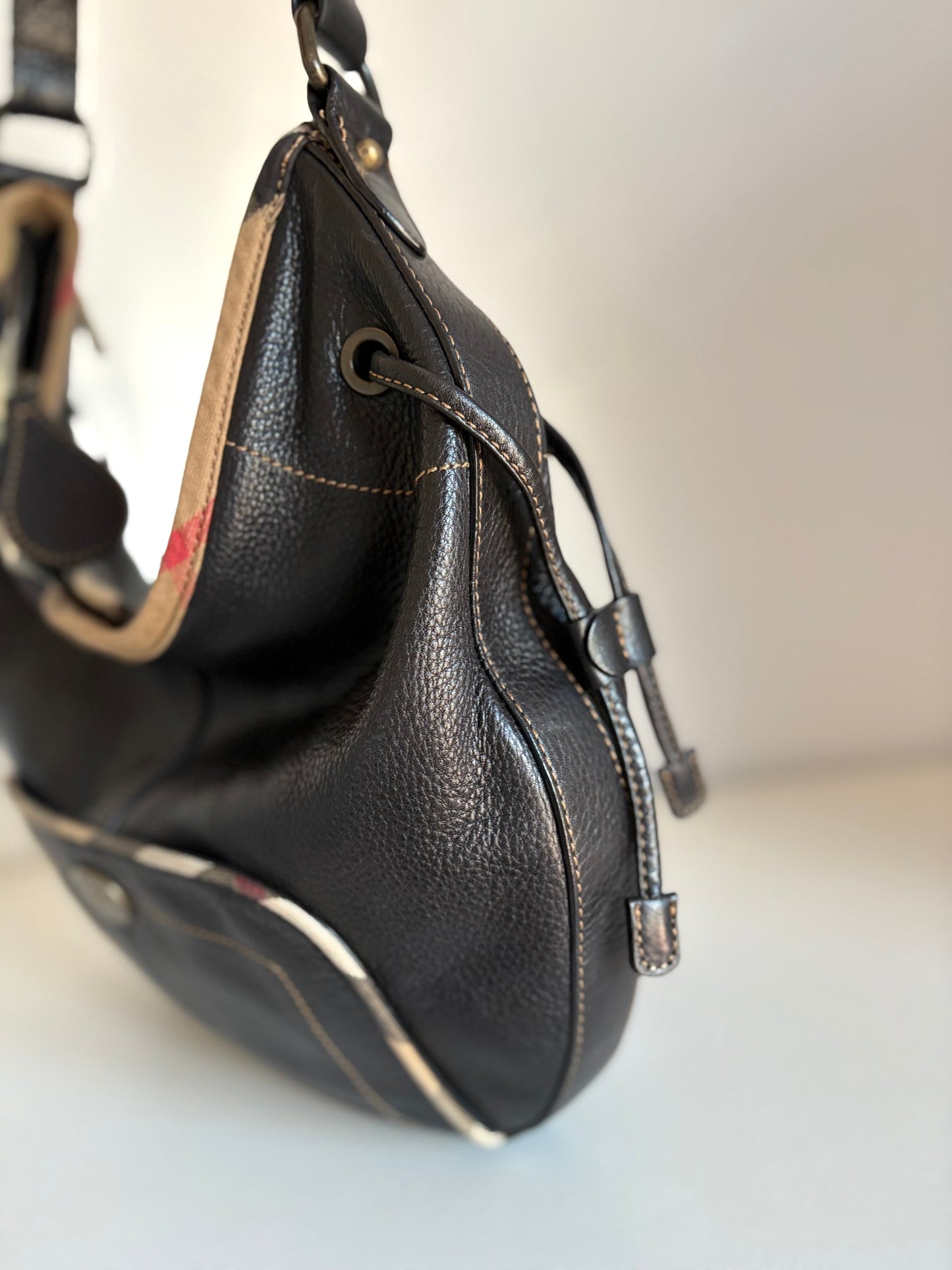 Burberry Black Leather & Check Shoulder Bag