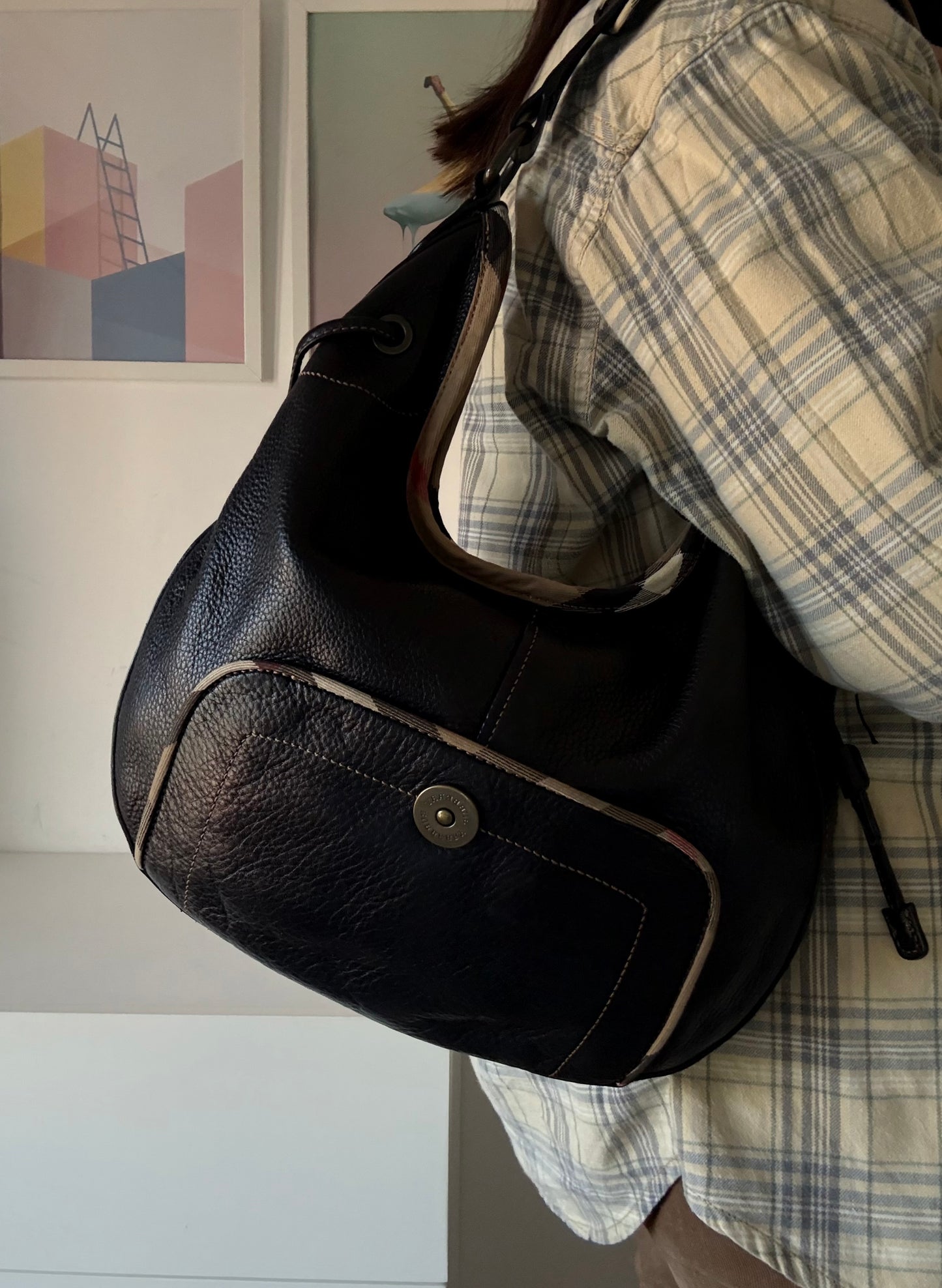 Burberry Black Leather & Check Shoulder Bag