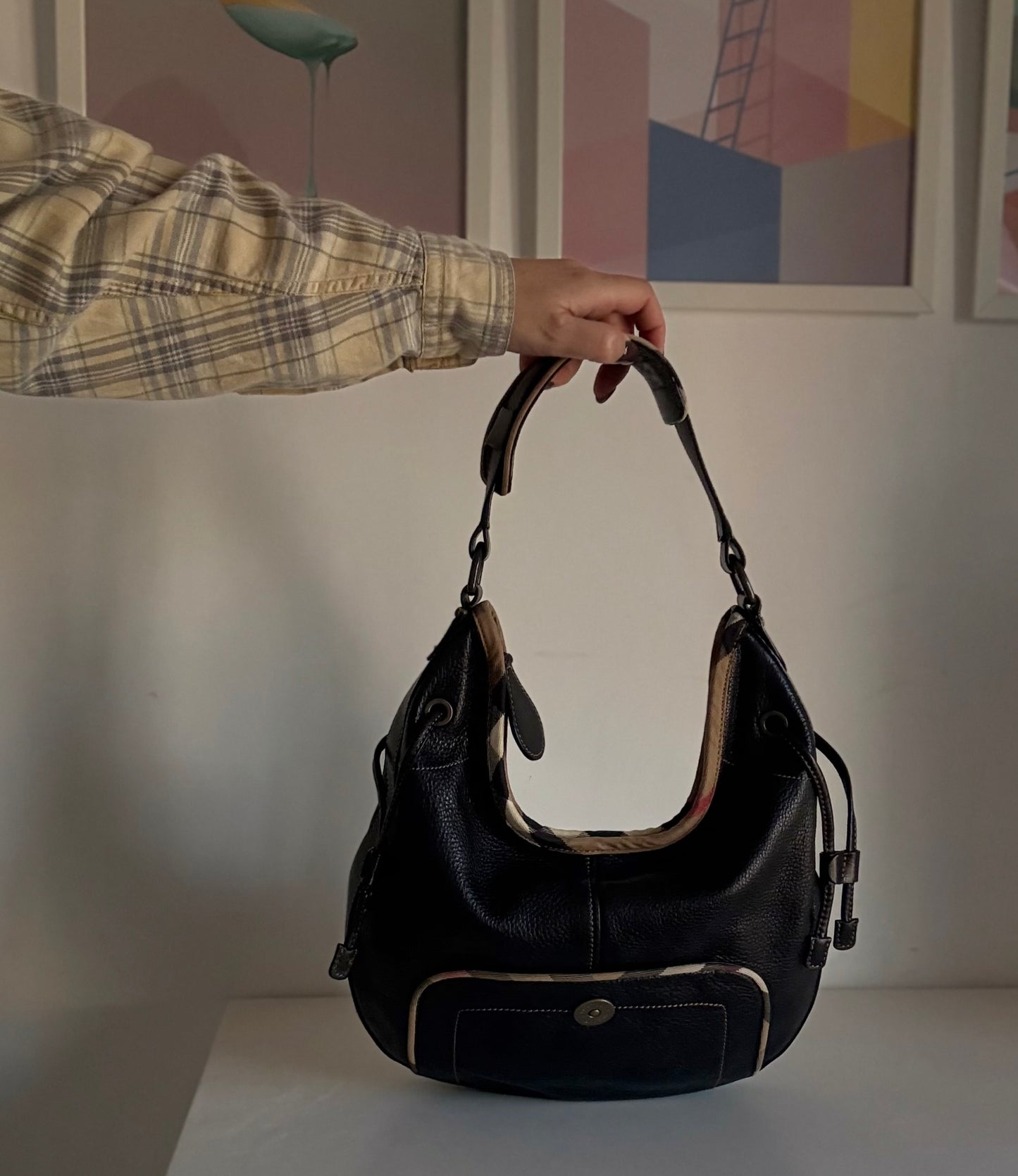 Burberry Black Leather & Check Shoulder Bag